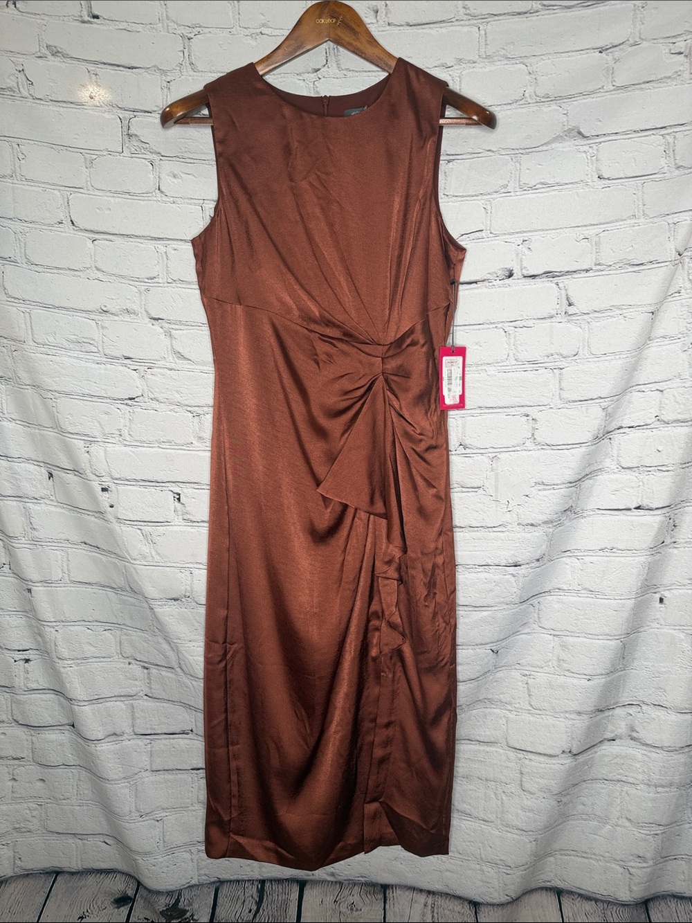 Vince Camuto Sleek Brown Satin Twist-Front Midi Dress Size 8 Brand New